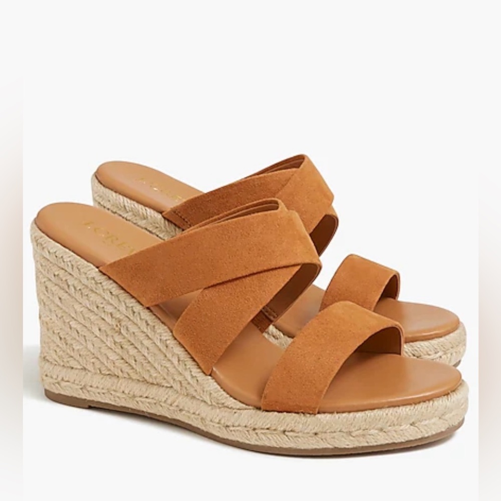 J Crew Factory NEW women’s tan suede Wide-strap espadrille mule wedges sandals.